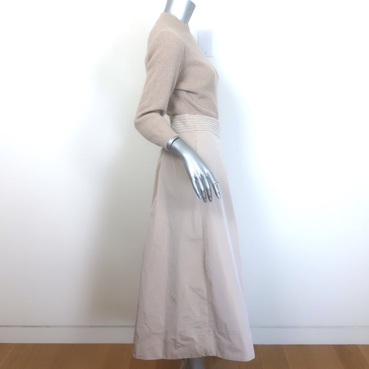 Peserico Monili-Beaded Mixed Media Sweater Dress Taupe Knit &amp; Taffeta Size 38