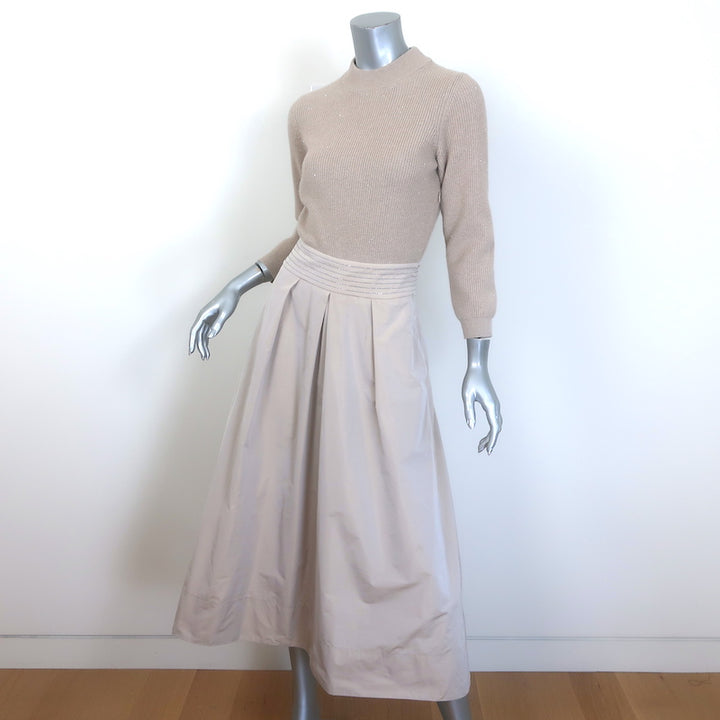 Peserico Monili-Beaded Mixed Media Sweater Dress Taupe Knit &amp; Taffeta Size 38