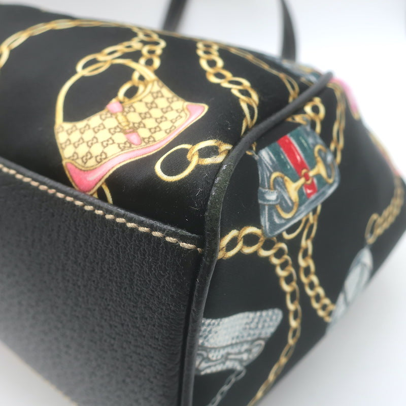 Gucci Charmy Medium Shoulder Bag Black Leather-Trim Chain Print Satin