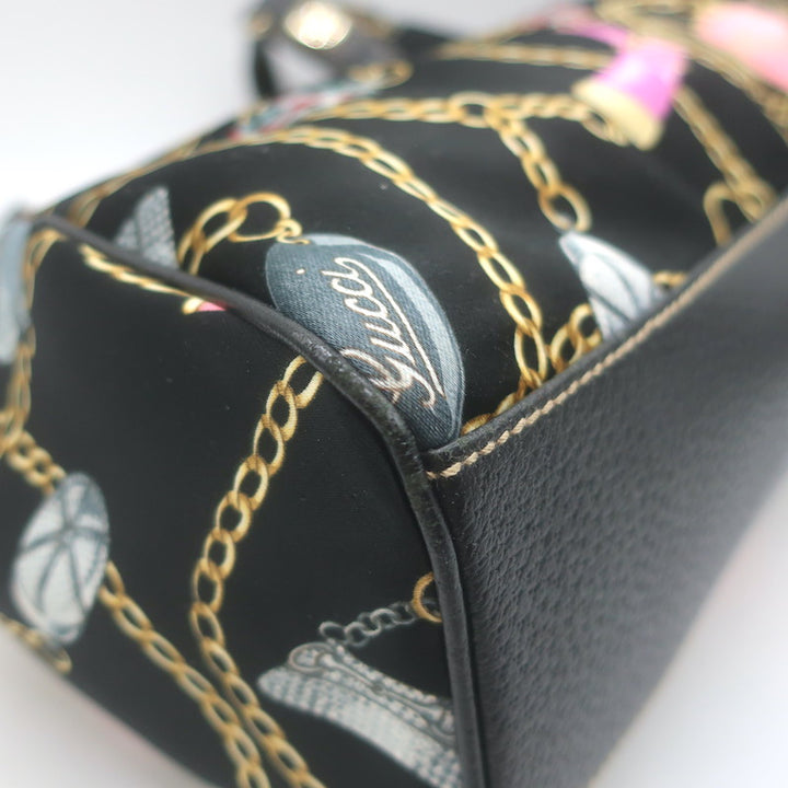 Gucci Charmy Medium Shoulder Bag Black Leather-Trim Chain Print Satin
