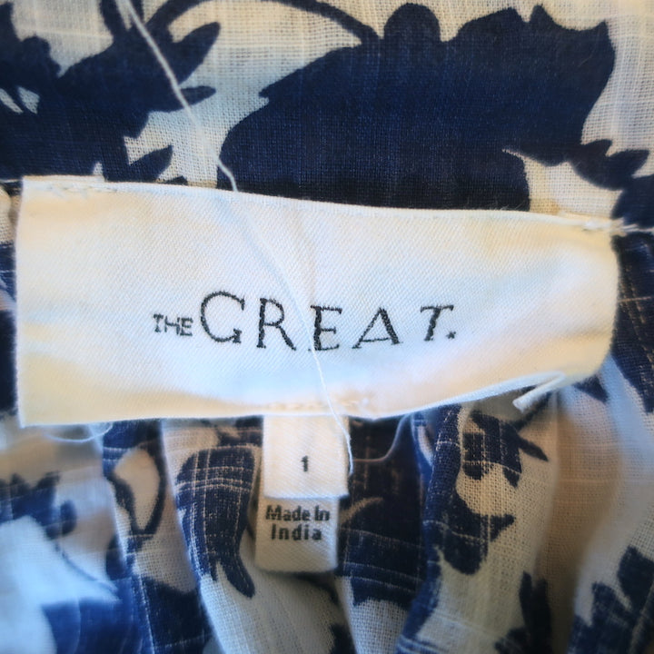 THE GREAT The Carriage Top White/Blue Floral Print Size 1 Puff Sleeve Blouse