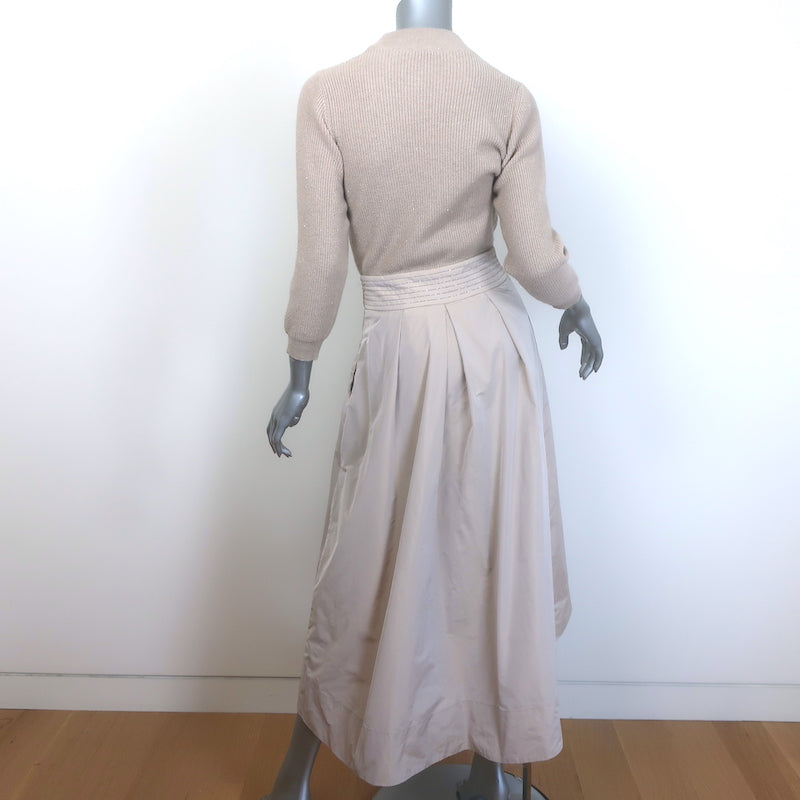 Peserico Monili-Beaded Mixed Media Sweater Dress Taupe Knit &amp; Taffeta Size 38