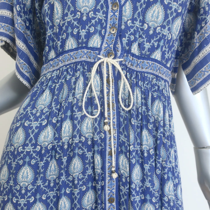Spell &amp; The Gypsy Oracle Maxi Dress Blue Metallic Paisley Print Size Extra Small
