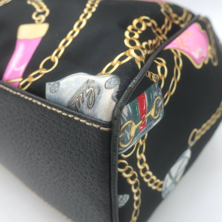 Gucci Charmy Medium Shoulder Bag Black Leather-Trim Chain Print Satin