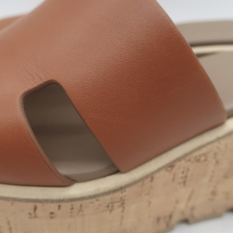 Hermes Eze 30 Cork Platform Wedge Sandals Brown Leather Size 36