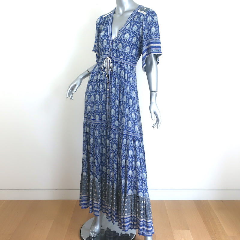 Spell &amp; The Gypsy Oracle Maxi Dress Blue Metallic Paisley Print Size Extra Small