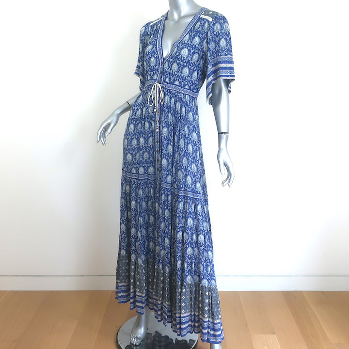 Spell &amp; The Gypsy Oracle Maxi Dress Blue Metallic Paisley Print Size Extra Small