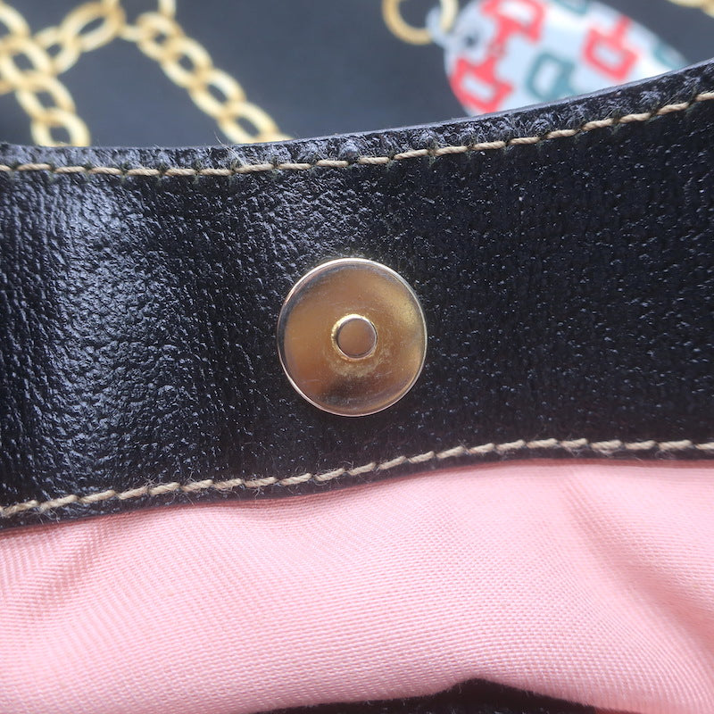 Gucci Charmy Medium Shoulder Bag Black Leather-Trim Chain Print Satin