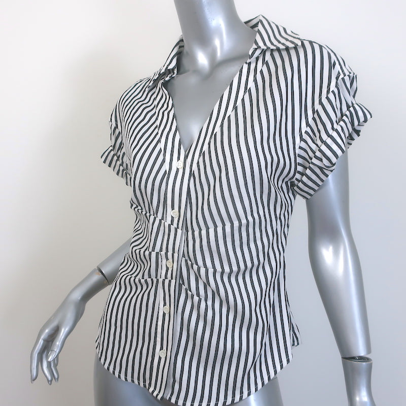 FRAME Rolled-Sleeve Button Down Top Gray/White Striped Cotton-Blend Size Small