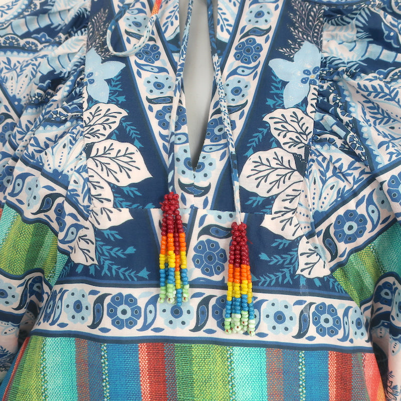 FARM Rio Balloon-Sleeve Midi Dress Blue Palms Print Cotton Size Extra Small