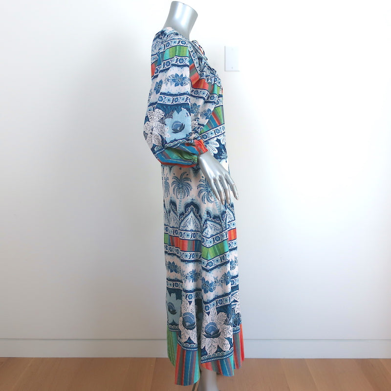 FARM Rio Balloon-Sleeve Midi Dress Blue Palms Print Cotton Size Extra Small