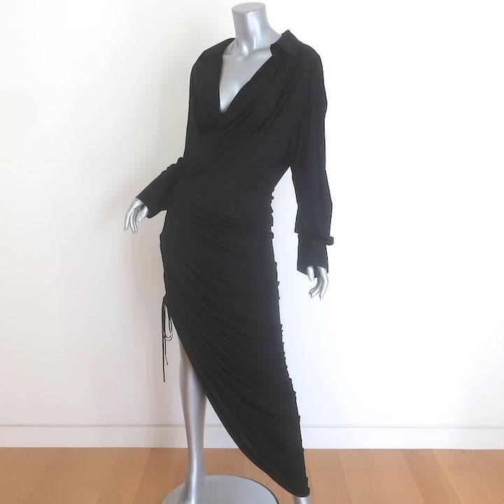 Alexander Wang Asymmetrical Draped Cowl Neck Midi Dress Black Jersey Size 12