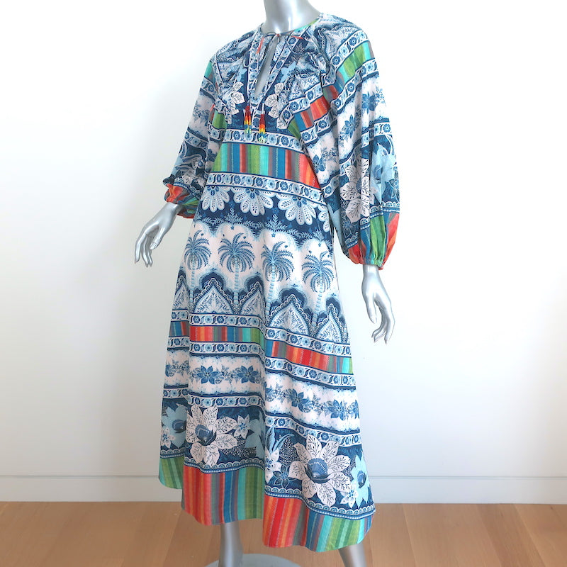 FARM Rio Balloon-Sleeve Midi Dress Blue Palms Print Cotton Size Extra Small