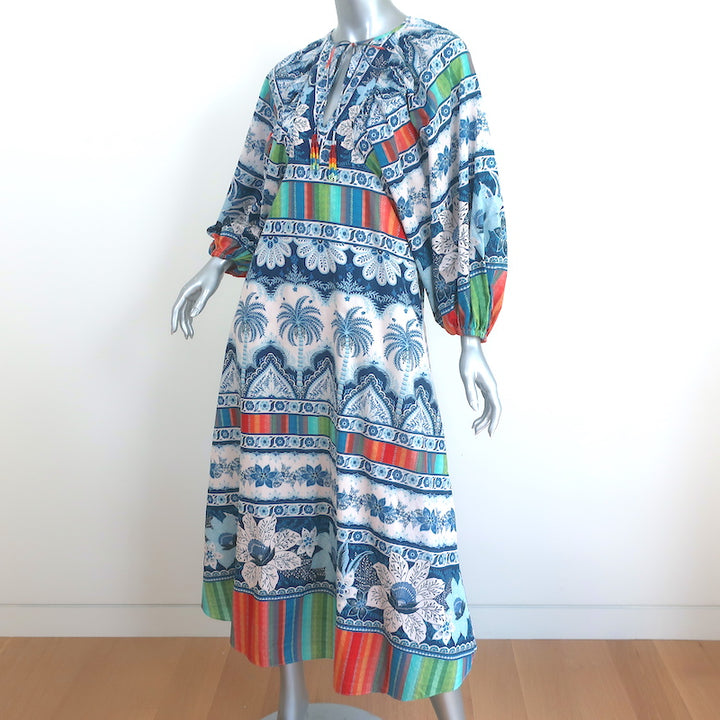 FARM Rio Balloon-Sleeve Midi Dress Blue Palms Print Cotton Size Extra Small