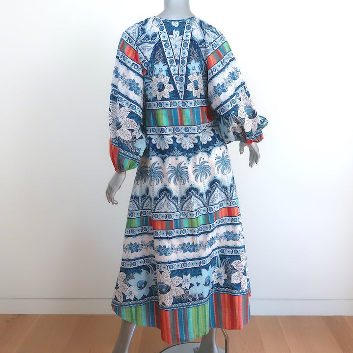 FARM Rio Balloon-Sleeve Midi Dress Blue Palms Print Cotton Size Extra Small