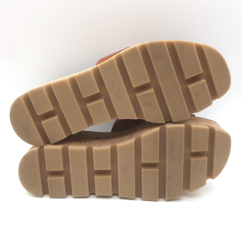 Hermes Eze 30 Cork Platform Wedge Sandals Brown Leather Size 36