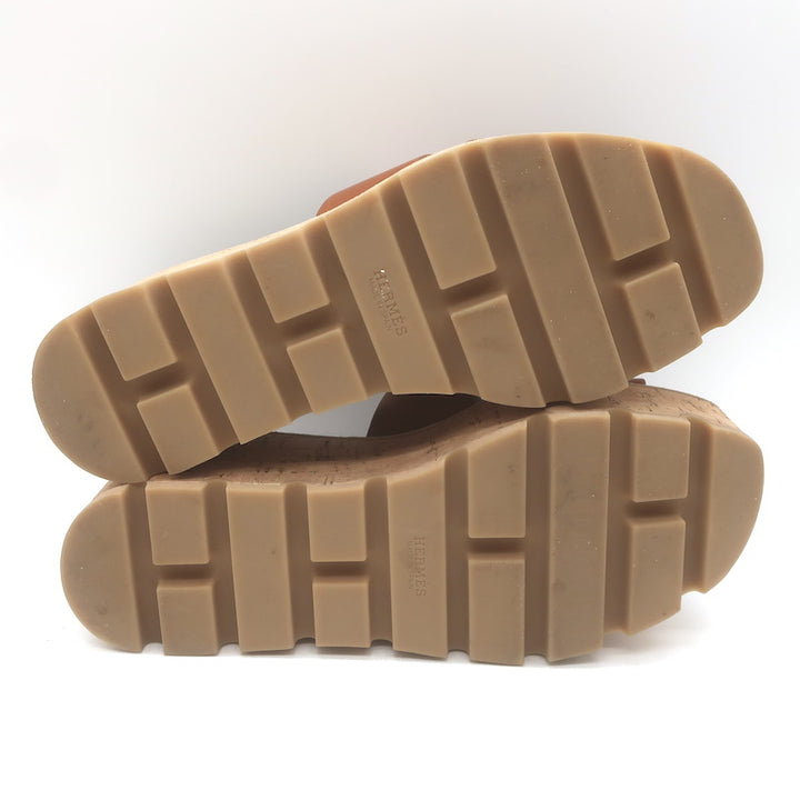 Hermes Eze 30 Cork Platform Wedge Sandals Brown Leather Size 36