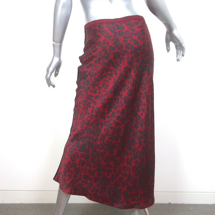 Anine Bing Bar Midi Skirt Red Leopard Print Silk Satin Size Medium