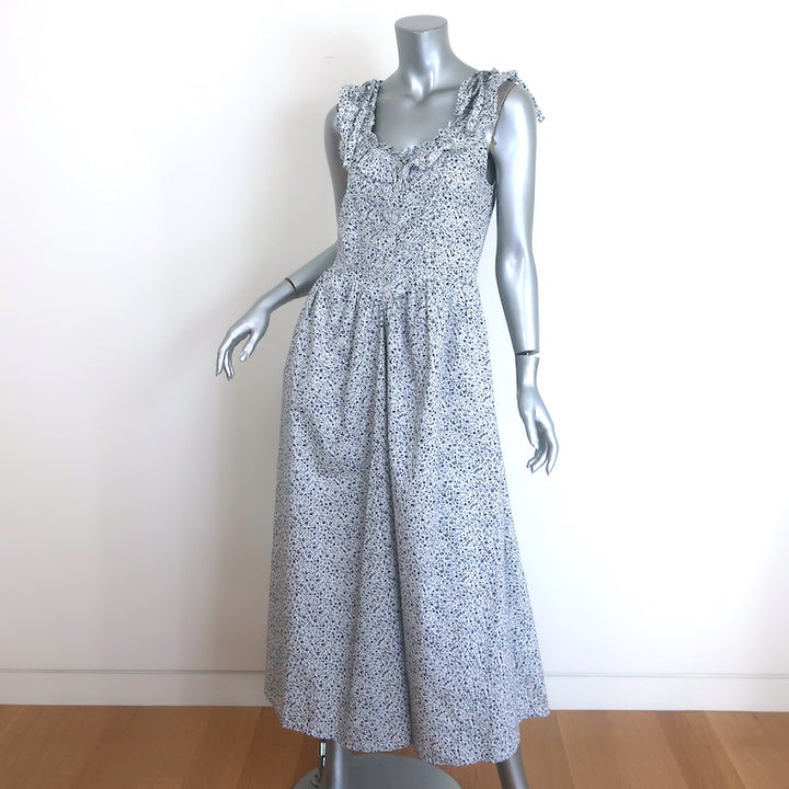 Doen Mandarin Maxi Dress White/Navy Champignon Floral Print Poplin Size Small