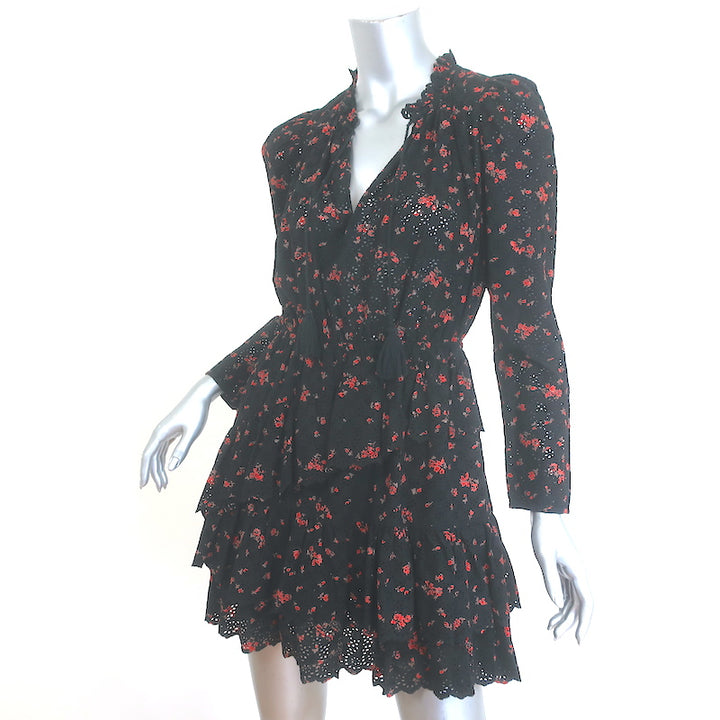 Ulla Johnson Josette Mini Dress Black Eyelet-Embroidered Floral Print Size 2