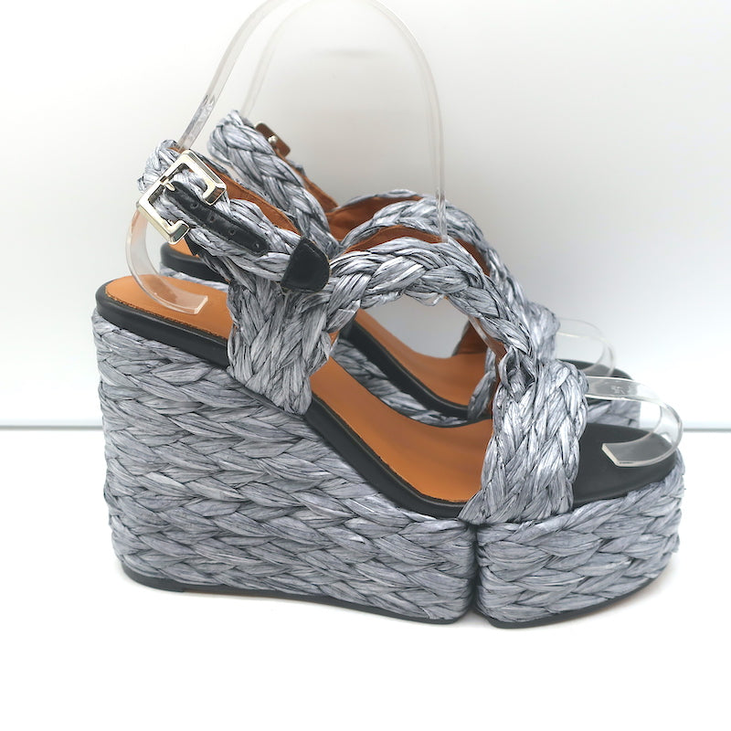 Clergerie Raffia Platform Wedge Sandals Ally Silver Size 36 Slingback Heels NEW