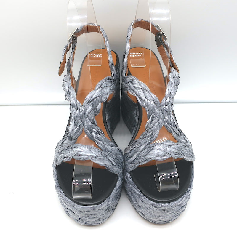 Clergerie Raffia Platform Wedge Sandals Ally Silver Size 36 Slingback Heels NEW