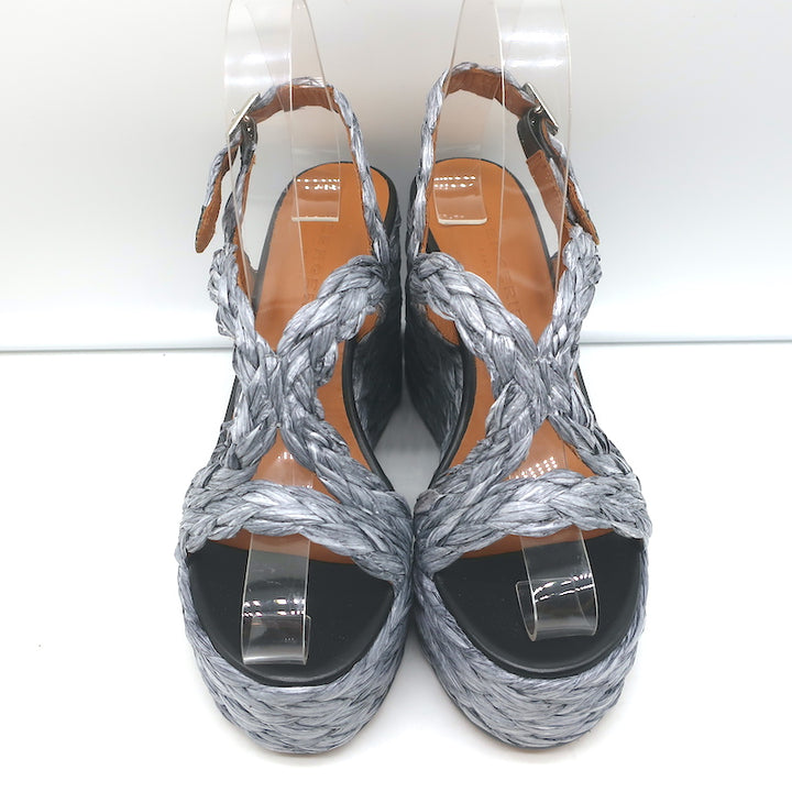 Clergerie Raffia Platform Wedge Sandals Ally Silver Size 36 Slingback Heels NEW