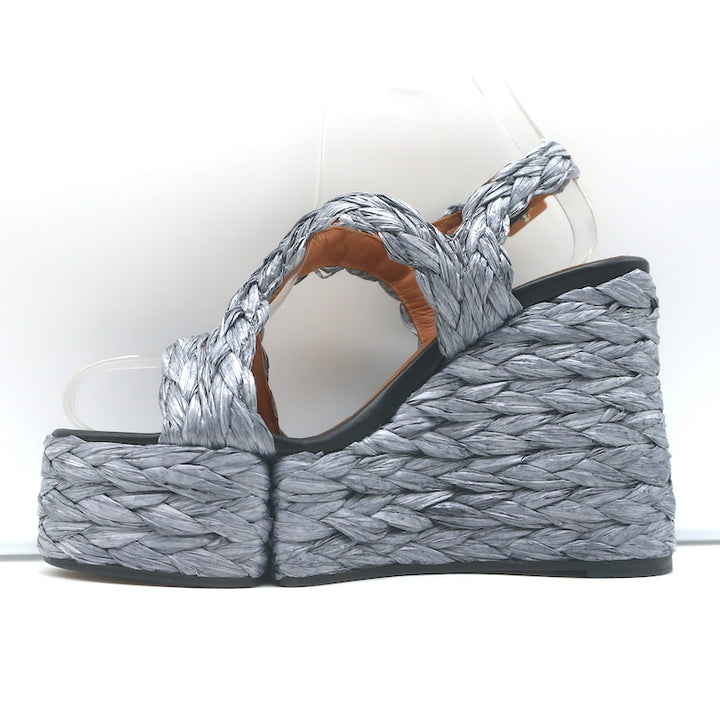 Clergerie Raffia Platform Wedge Sandals Ally Silver Size 36 Slingback Heels NEW