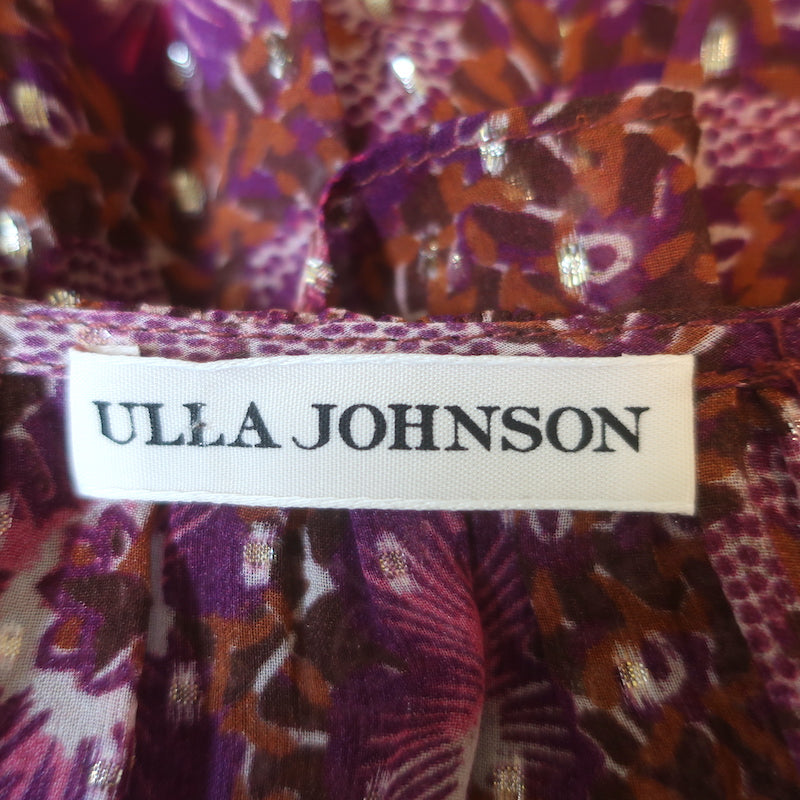 Ulla Johnson Brisa Tiered Mini Dress Purple/Red Metallic Floral Print Size 2
