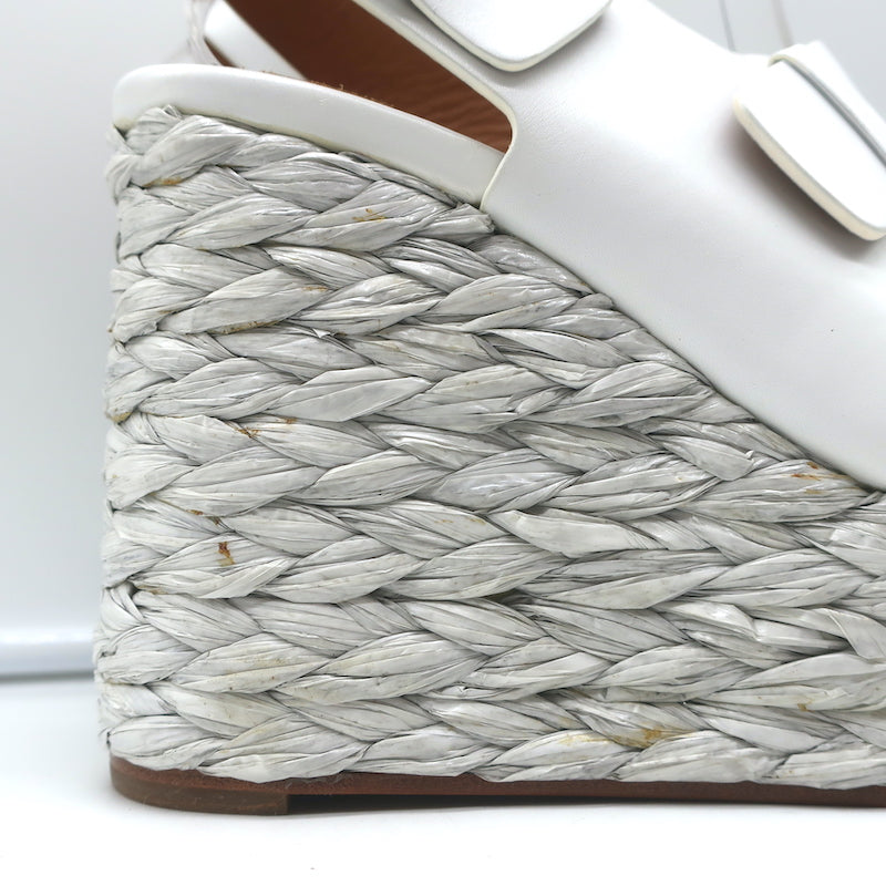 Clergerie Raffia Platform Wedge Sandals White Leather Size 36.5 NEW