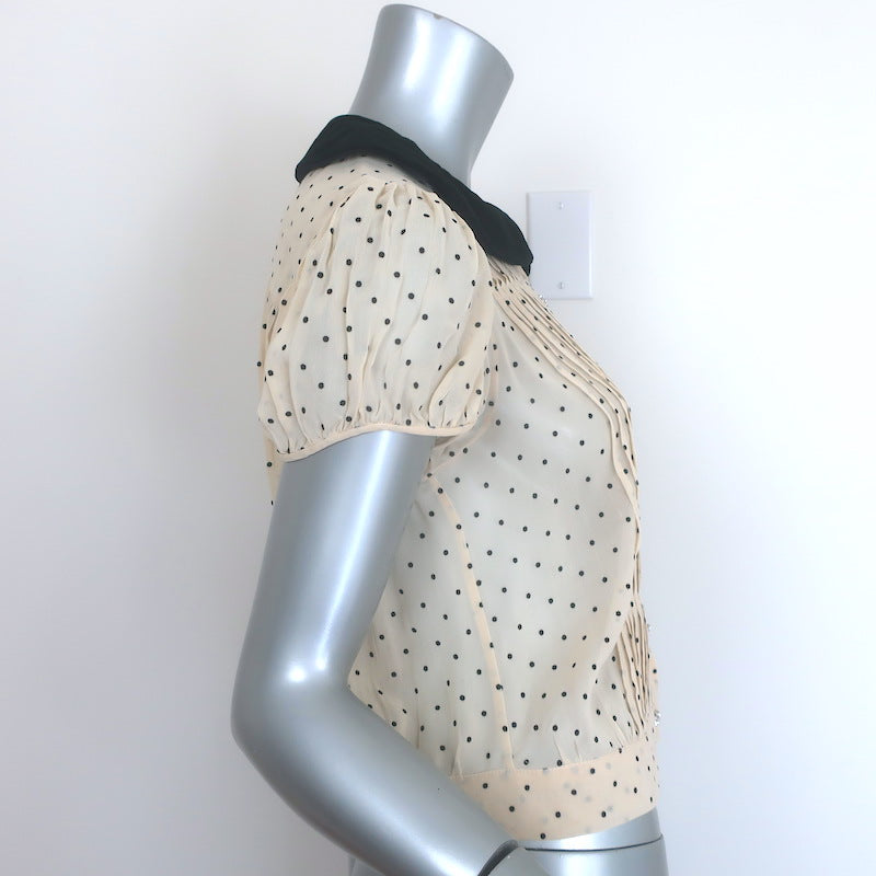 Doen Madeline Velvet-Collar Polka Dot Blouse Ivory Crepe Size Medium