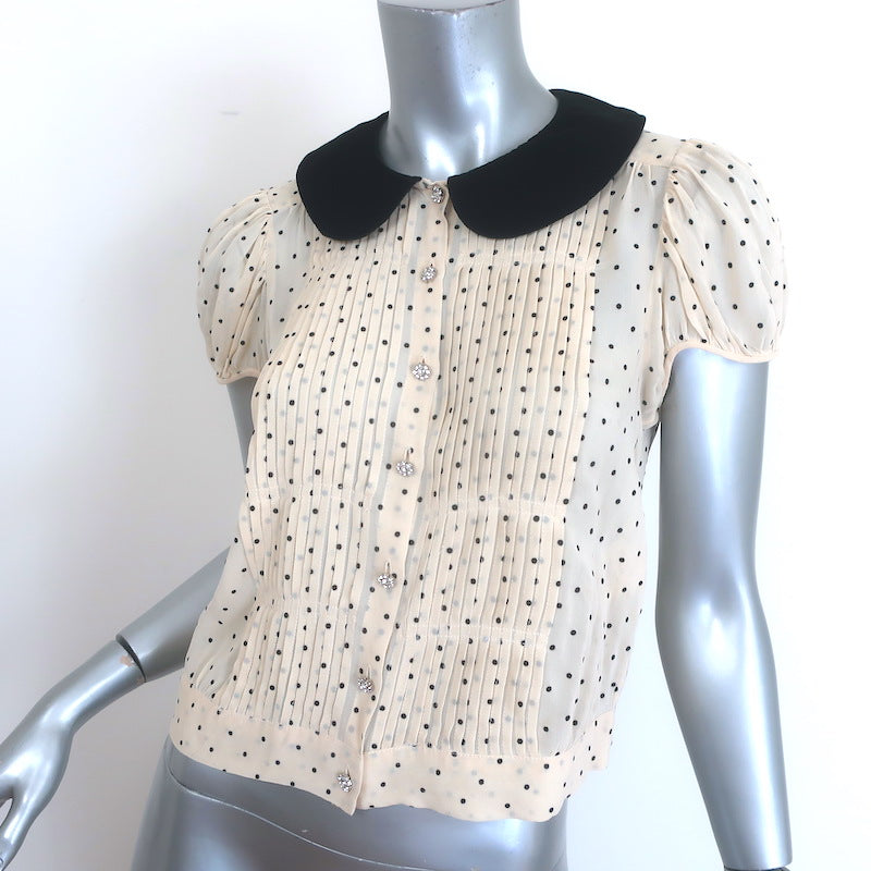 Doen Madeline Velvet-Collar Polka Dot Blouse Ivory Crepe Size Medium