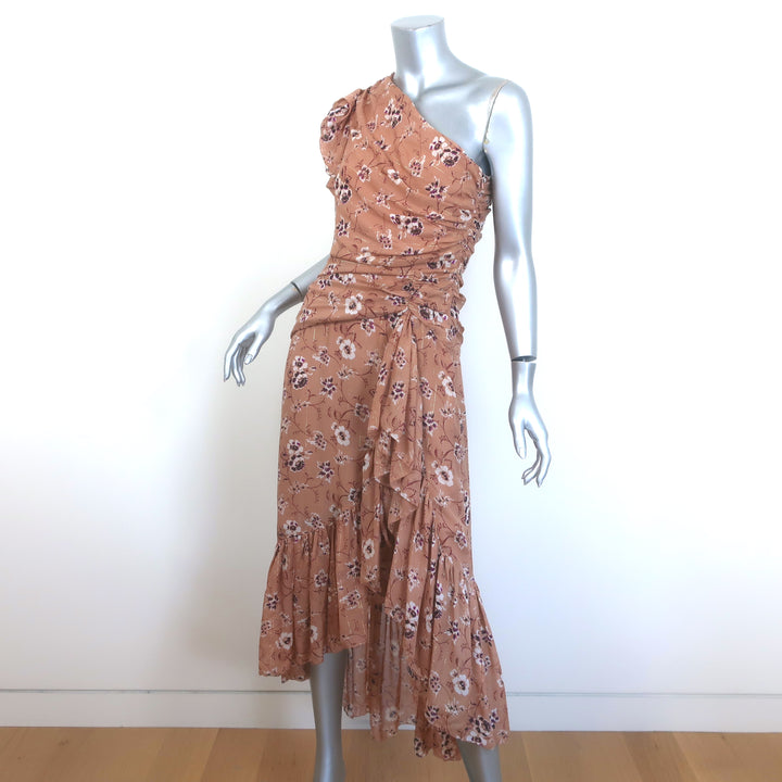 Ulla Johnson Belline Ruffled One-Shoulder Dress Beige Floral Print Silk Size 4