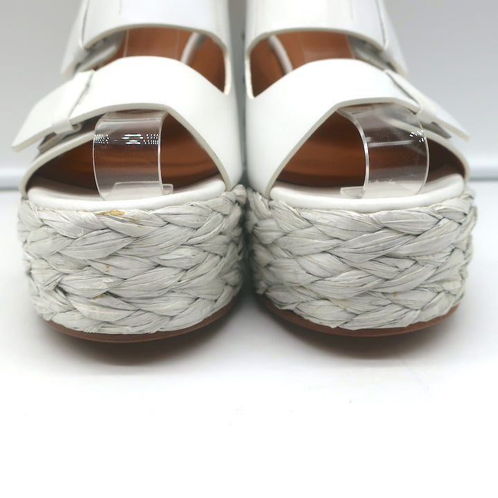 Clergerie Raffia Platform Wedge Sandals White Leather Size 36.5 NEW