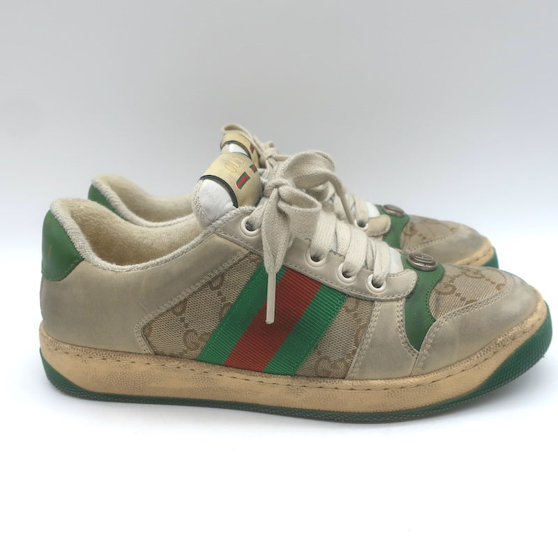 Gucci Screener Distressed Low Top Sneakers Beige Leather &amp; GG Canvas Size 6