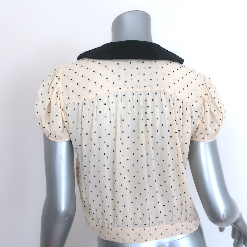 Doen Madeline Velvet-Collar Polka Dot Blouse Ivory Crepe Size Medium