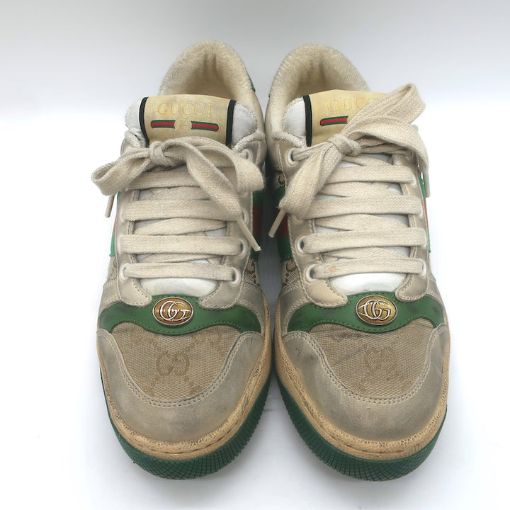 Gucci Screener Distressed Low Top Sneakers Beige Leather &amp; GG Canvas Size 6