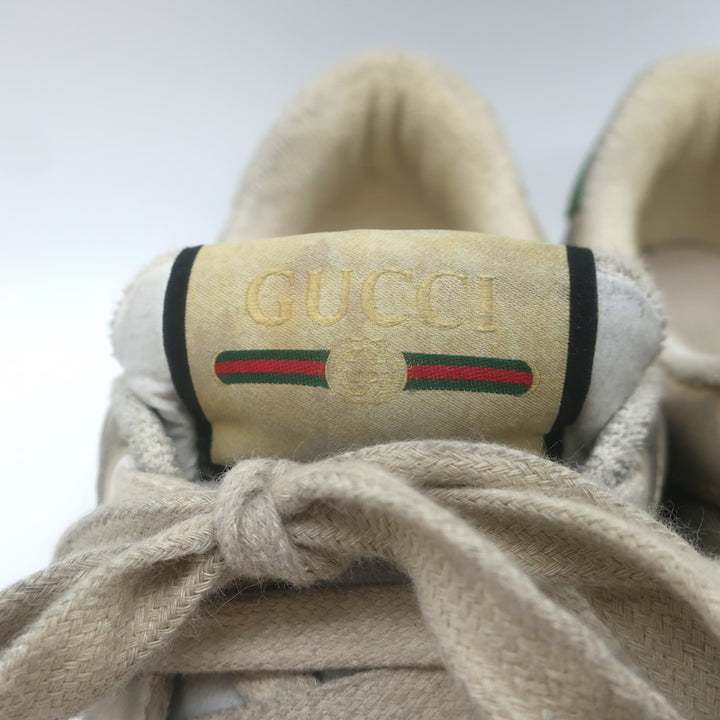 Gucci Screener Distressed Low Top Sneakers Beige Leather &amp; GG Canvas Size 6