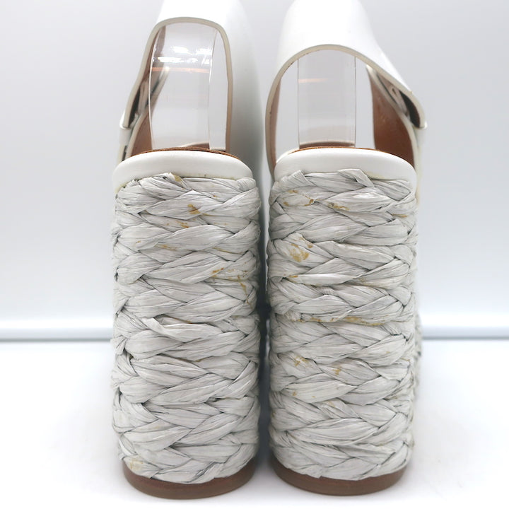 Clergerie Raffia Platform Wedge Sandals White Leather Size 36.5 NEW