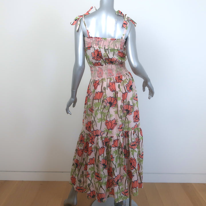 Tory Burch Smocked Maxi Dress Light Pink Poppies Print Cotton Size Small