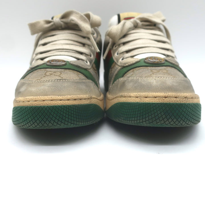 Gucci Screener Distressed Low Top Sneakers Beige Leather &amp; GG Canvas Size 6