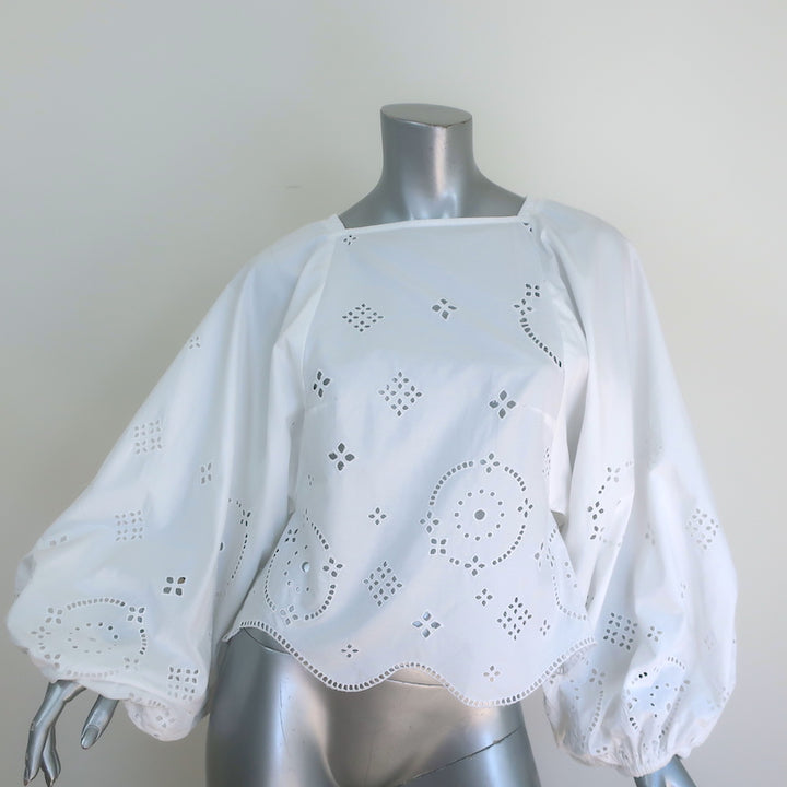 Ganni Broderie Anglaise Balloon-Sleeve Blouse White Cotton Size 38 Open-Back Top
