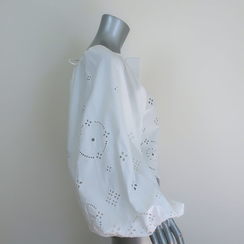 Ganni Broderie Anglaise Balloon-Sleeve Blouse White Cotton Size 38 Open-Back Top