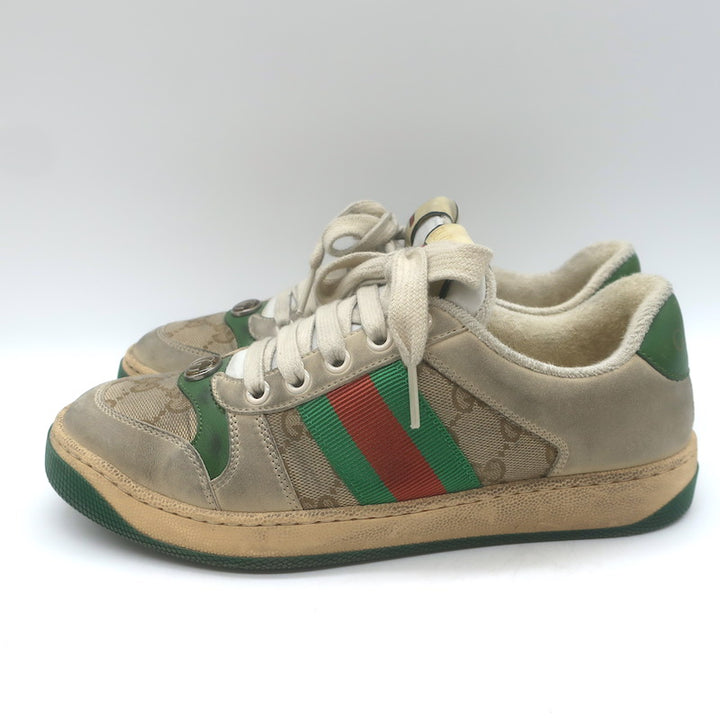Gucci Screener Distressed Low Top Sneakers Beige Leather &amp; GG Canvas Size 6