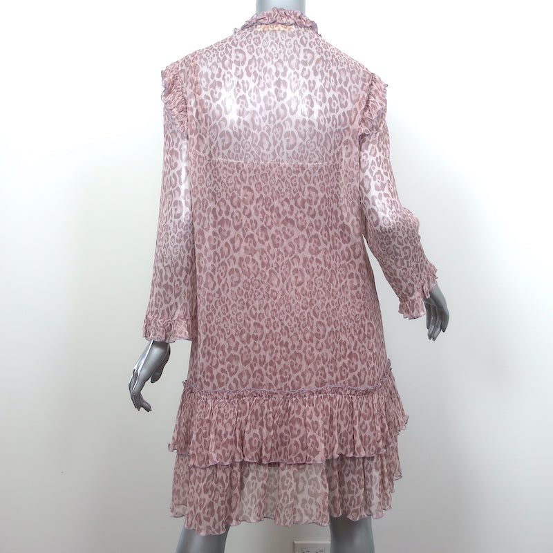 Alessia Zamattio Long Sleeve Dress Pink Leopard Print Ruffled Chiffon Size 42