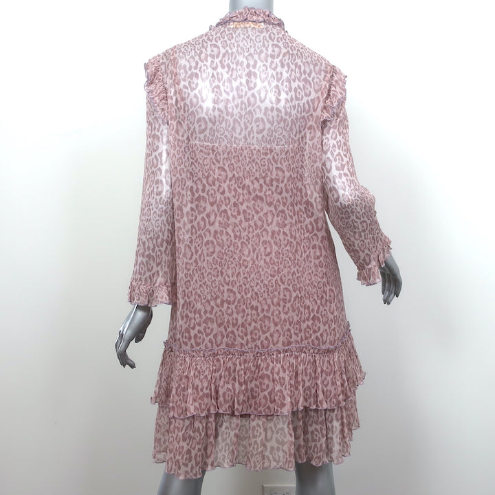 Alessia Zamattio Long Sleeve Dress Pink Leopard Print Ruffled Chiffon Size 42