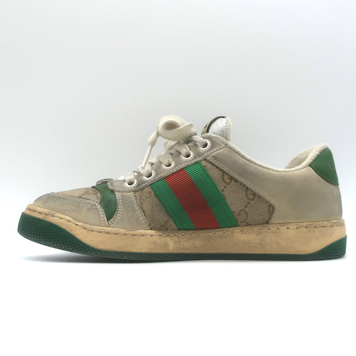 Gucci Screener Distressed Low Top Sneakers Beige Leather &amp; GG Canvas Size 6