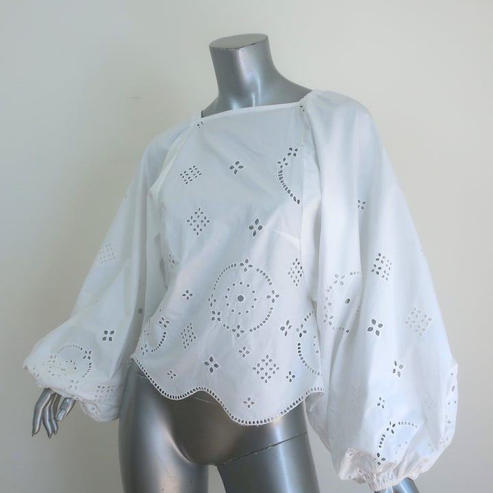 Ganni Broderie Anglaise Balloon-Sleeve Blouse White Cotton Size 38 Open-Back Top