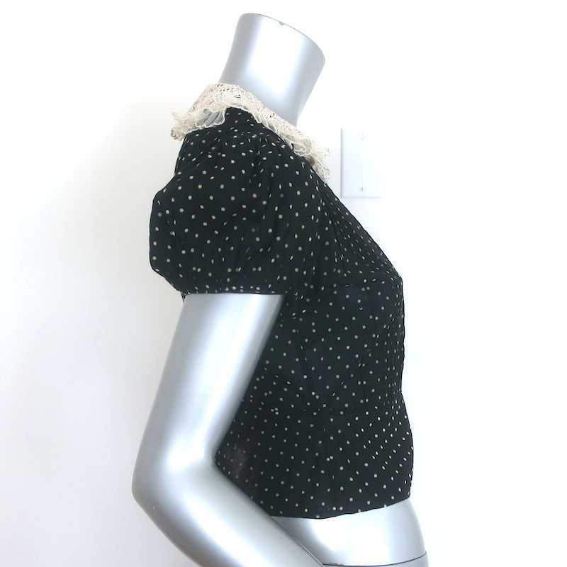 Doen Oleta Lace-Collar Polka Dot Top Black/Ecru Cotton Size Extra Small