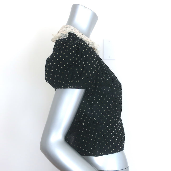 Doen Oleta Lace-Collar Polka Dot Top Black/Ecru Cotton Size Extra Small